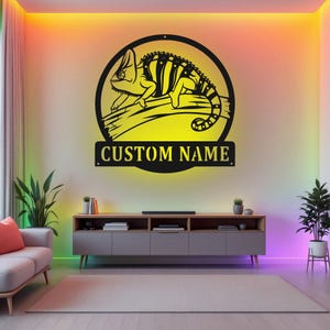 Custom Chameleon Metal Wall Art With LED Light, Personalized Chameleon Name Sign Decoration For Room, Chameleon Metal LED Decor, Chameleon