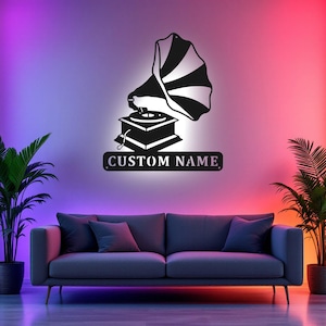Custom Phonograph Record Metal Wall Art With LED Light, Personalized Record Player Name Sign Decoration For Room, Gramophone Metal LED Decor