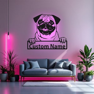 Custom Pug Dog Metal Wall Art With LED Light, Personalized Pug Name Sign Decoration For Dog Room, Pug Metal LED Decor, Custom Pug Dog