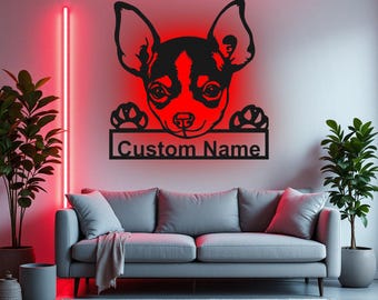 Custom Chihuahua Dog Metal Wall Art With LED Light, Personalized Chihuahua Name Sign Decoration For Dog Room, Chihuahua Dog Metal Home Decor