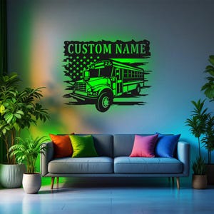 Custom US School Bus Metal Wall Art With LED Light, Personalized School Bus Name Sign Decoration For Room, School Bus Metal LED Decor