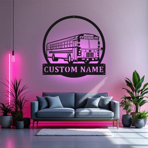 Custom School Bus Metal Wall Art With LED Light, Personalized Bus Driver Name Sign Decoration For Room, School Bus Metal LED Decor