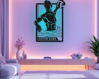 LEDライト付きカスタム男性用水球看板メタルサイン、パーソナライズされた水球選手名サインデコレーション、水球メタルLEDデコレーション