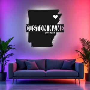 Arte de pared de metal con mapa de Arkansas personalizado con luz LED, letrero con el nombre del estado de Arkansas personalizado para decoración de habitación, decoración LED Born In Arkansas