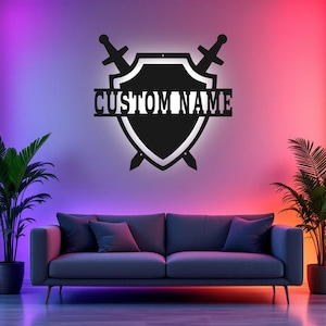 Custom Medieval Shield Metal Wall Art With LED Light, Personalized Knight Name Sign Decoration For Room, Medieval Shield Metal LED Decor
