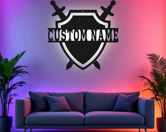 Custom Medieval Shield Metal Wall Art With LED Light, Personalized Knight Name Sign Decoration For Room, Medieval Shield Metal LED Decor