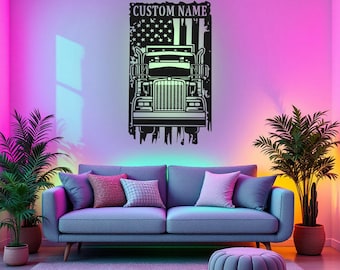 Custom US Semi Truck Metal Wall Art With LED Light, Personalized Semi Truck Name Sign Decoration For Room, Semi Truck Home Decor, Semi Truck