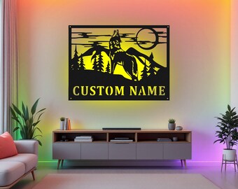 Custom Wolf Wildlife Metal Wall Art With LED Light, Personalized Wolf Name Sign Decoration For Room, Wolf Wildlife Metal LED Decor