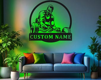 LEDライト付きカスタムパワーリフティングマンメタルウォールアート、パーソナライズされたパワーリフティングネームサインデコレーション、パワーリフティングメタルホームデコレーション