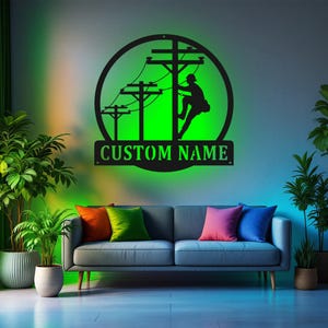 Custom Lineman Metal Wall Art With LED Light, Personalized Lineman Name Sign Decoration For Room, Lineman Metal LED Decor, Custom Lineman