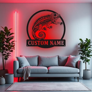Custom Chameleon Metal Wall Art With LED Light, Personalized Chameleon Name Sign Decoration For Room, Chameleon Metal LED Decor, Chameleon