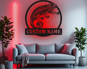 Custom Chameleon Metal Wall Art With LED Light, Personalized Chameleon Name Sign Decoration For Room, Chameleon Metal LED Decor, Chameleon
