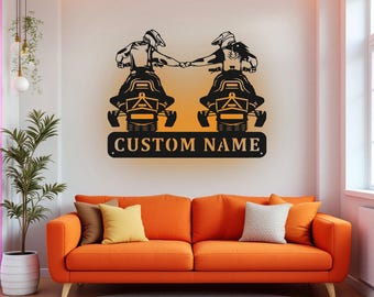 Custom Couple Snowmobile Metal Wall Art With LED Light, Personalized Snowmobiler Name Sign Decoration For Room, Snowmobile Metal LED Decor