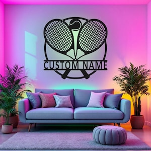 Custom Tennis Crossed Ball Metal Wall Art With LED Light, Personalized Tennis Player Name Sign Decoration For Room, Tennis Metal LED Decor