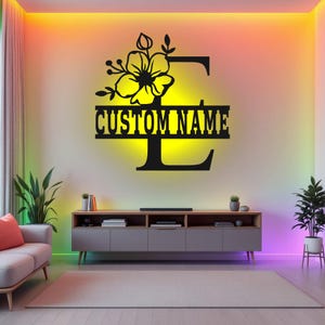 Custom Floral Alphabet E Metal Wall Art With Led Light, Personalized Alphabet Family Name Sign Decoration For Room,Last Name Metal LED Decor