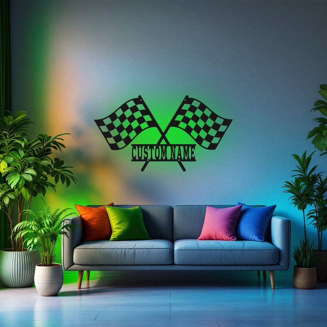 Room Racing Flags Custom Racing Flag Metal Wall Art With LED Light, Personalized Racer ...