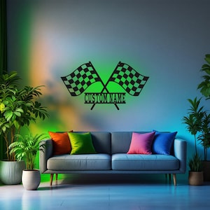 Custom Racing Flag Metal Wall Art With LED Light, Personalized Racer Name Sign Decoration For Room, Racing Flag Metal LED Decor,Custom Racer