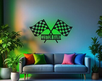 Arte de pared de metal con bandera de carreras personalizada y luz LED, letrero con nombre de corredor personalizado para decoración de habitación, decoración de metal con bandera de carreras y LED, corredor personalizado