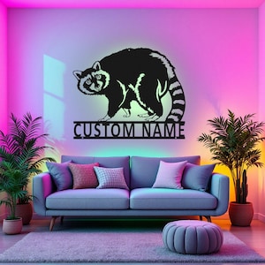 Custom Raccoon Metal Wall Art With LED Light, Personalized Raccoon Name Sign Decoration For Room, Raccoon Metal LED Decor, Custom Raccoon