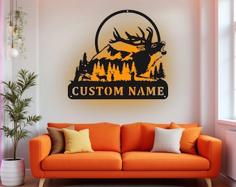 LEDライト付きカスタムエルクメタルウォールアート、パーソナライズされたエルク鹿の名前サイン装飾、エルクメタルLED装飾、カスタムエルクネームサイン