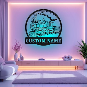Custom Train Metal Wall Art With LED Light, Personalized Train Name Sign Decoration For Room, Train Metal LED Decor, Custom Train LED Decor