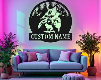 Custom Howling Wolf Metal Wall Art With LED Light, Personalized Wolf Name Sign Decoration For Room, Wolf Metal LED Decor, Custom Wolf Sign