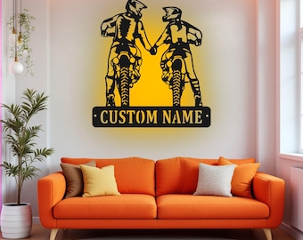 Custom Dirt Bike Couple Holding Hand Metal Wall Art With LED Light, Personalized Biker Name Sign Decoration For Room, Motorcycle LED Decor