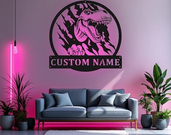 Custom Tyrannosaurus Claws Scratch Metal Wall Art With LED Light, Personalized Dinosaur Name Sign Decoration For Room, Dinosaur LED Decor