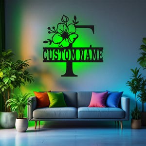 Custom Floral Alphabet F Metal Wall Art With Led Light, Personalized Alphabet Family Name Sign Decoration For Room,Last Name Metal LED Decor