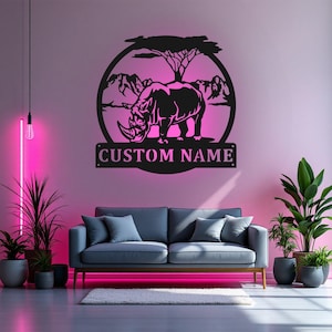Custom Rhinoceros Metal Wall Art With LED Light, Personalized Rhinoceros Name Sign Decoration For Room, Rhinoceros Metal Home Decor