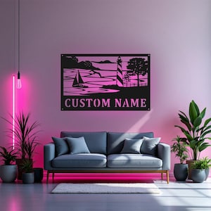 Custom Lighthouse Metal Wall Art With LED Light, Personalized Lighthouse Name Sign Decoration For Room, Lighthouse Metal LED Decor