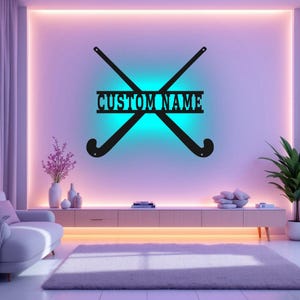 Anpassad metallväggkonst för landhockey med LED-ljus, personlig skylt med namn på landhockeyspelare för rum, LED-dekor för landhockey