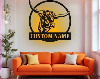 Custom Longhorn Head Metal Wall Art With LED Light, Personalized Longhorn Name Sign Decoration For Room, Longhorn Metal LED Decor, Longhorn