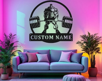 LEDライト付きカスタムパワーリフティングマンメタルウォールアート、パーソナライズされたパワーリフティングネームサインデコレーション、パワーリフティングメタルホームデコレーション