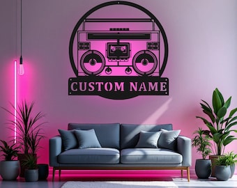 Custom Radio Boombox Vintage Metal Wall Art With LED Light, Personalized Radio Boombox Name Sign Decoration For Room, Radio Metal Home Decor