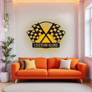 Custom Checkered Racing Flag Metal Wall Art With LED Light, Personalized Racer Name Sign Decoration For Room, Racing Metal LED Decor
