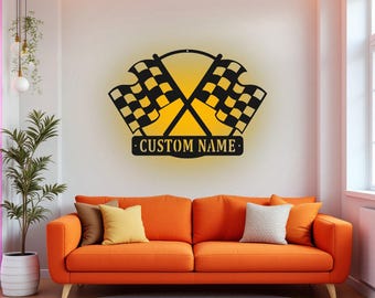 Arte de pared de metal con bandera de carreras a cuadros personalizada y luz LED, letrero con nombre de corredor personalizado para decoración de habitación, decoración LED de metal de carreras