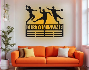 カスタムハンドボール男性メダルホルダーLEDライト、パーソナライズされたハンドボール選手名メダルハンガー、ハンドボールメダルディスプレイ賞サイン、ハンドボール
