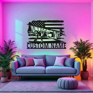 Custom US Biplane Metal Wall Art With LED Light, Personalized Biplane Pilot Name Sign Decoration For Room, Biplane Metal LED Decor, Biplane