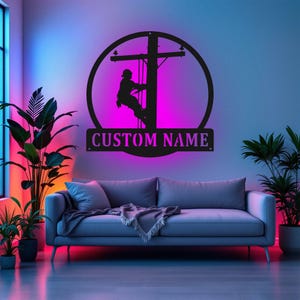Custom Lineman Metal Wall Art With LED Light, Personalized Lineman Name Sign Decoration For Room, Lineman Metal LED Decor, Custom Lineman