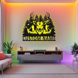 Benutzerdefinierte Hirsch jagen Metall Wandkunst mit LED-Licht, personalisierte Hirsch Jäger Name Zeichen Dekoration für Zimmer, Hirsch jagen Metall LED Dekor