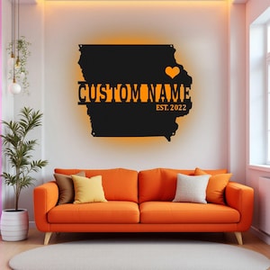 Arte de pared de metal con mapa de Illinois personalizado con luz LED, letrero con el nombre del estado de Illinois personalizado para decoración de habitación, decoración LED de metal Born In Illinois