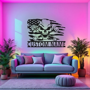 Custom US Skull Mechanic Metal Wall Art With LED Light, Personalized Mechanic Name Sign Decoration For Room, Skull Mechanic Metal LED Decor