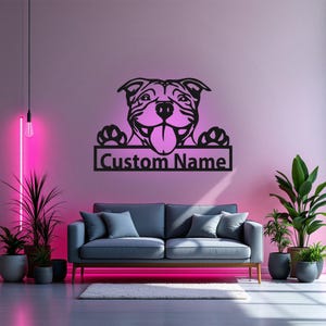 Benutzerdefinierte amerikanische Pit Bull Metall Wandkunst mit LED-Licht, personalisierte Pit Bull Namensschild Dekoration für Hunderaum, Pit Bull Metall Wohnkultur