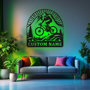 Arte de pared de metal de bicicleta de montaña personalizado con luz LED, letrero con nombre de ciclista de montaña personalizado para decoración de habitación, decoración de metal con luz LED de bicicleta de montaña