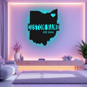 Arte de pared de metal con luz LED y mapa de Ohio personalizado, letrero con el nombre del estado de Ohio personalizado para decoración de habitación, decoración LED de metal con el nombre de Born In Ohio, mapa de Ohio
