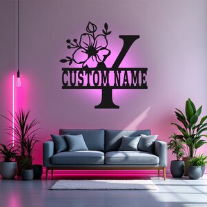 Custom Floral Alphabet Y Metal Wall Art With Led Light, Personalized Alphabet Family Name Sign Decoration For Room,Last Name Metal LED Decor