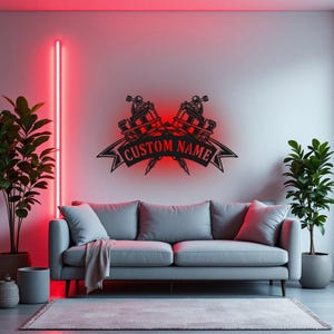 Custom Tattoo Machine Metal Wall Art With LED Light, Personalized Tattoo Shop Name Sign Decoration For Room, Tattoo Machine Metal Home Decor