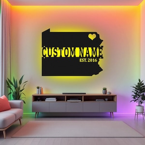 Arte de pared de metal con mapa de Pensilvania personalizado con luz LED, letrero con el nombre del estado de Pensilvania personalizado para decoración de habitación, nacido en Pensilvania