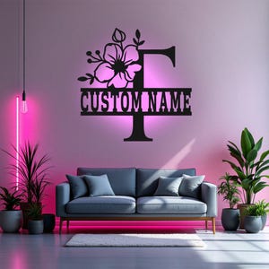 Custom Floral Alphabet T Metal Wall Art With Led Light, Personalized Alphabet Family Name Sign Decoration For Room,Last Name Metal LED Decor